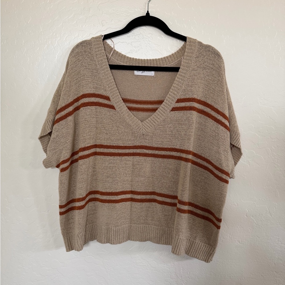 CJLA Rae Striped V-Neck Sweater Tan and Brown Size M